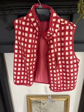 Red and Cream Checkered Fleece Vest